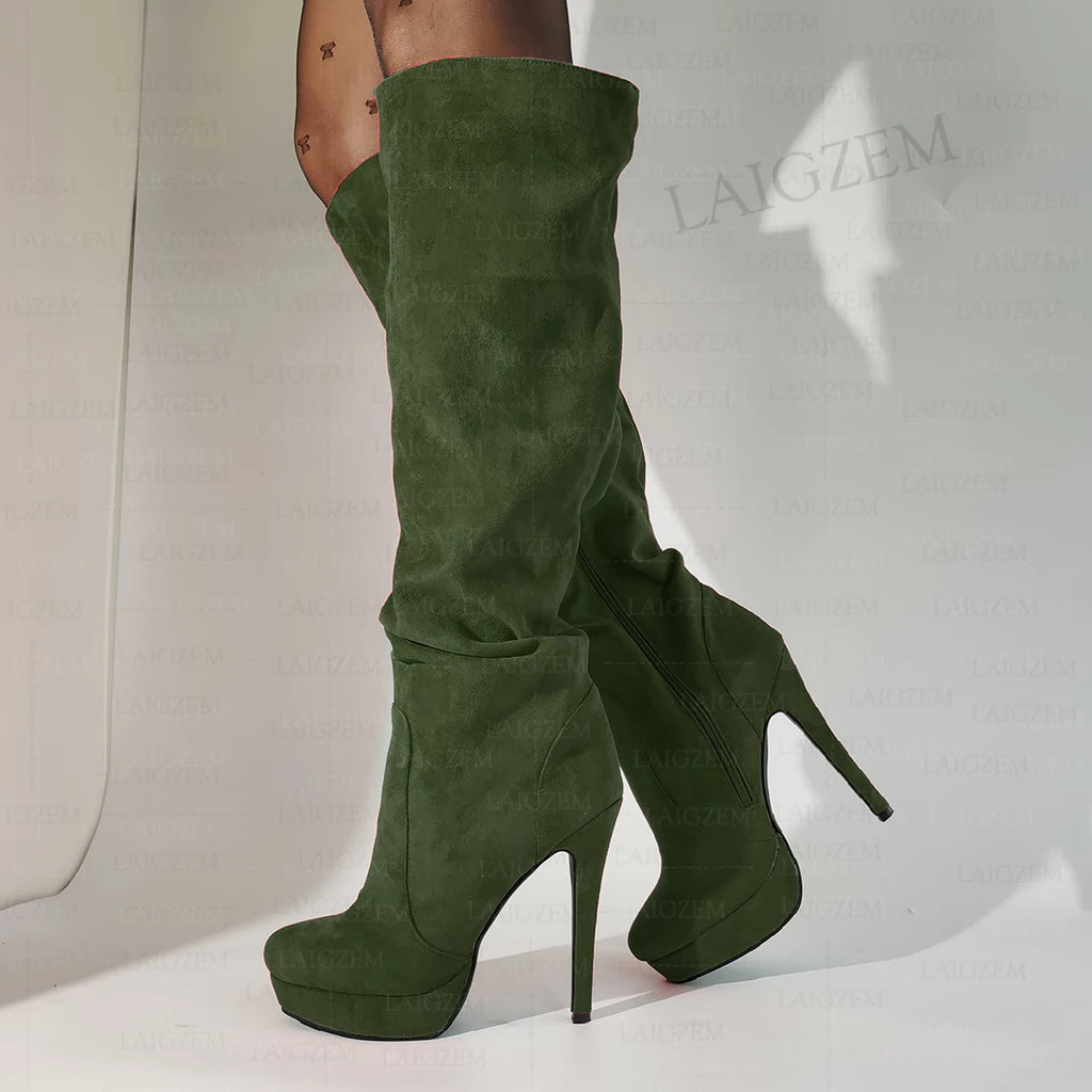 LAIGZEM Women Over Knee High Boots Faux Suede Zip Pleated Thin High Heels Boots Handmade Ladies Shoes Woman Big Size 41 43 45 52