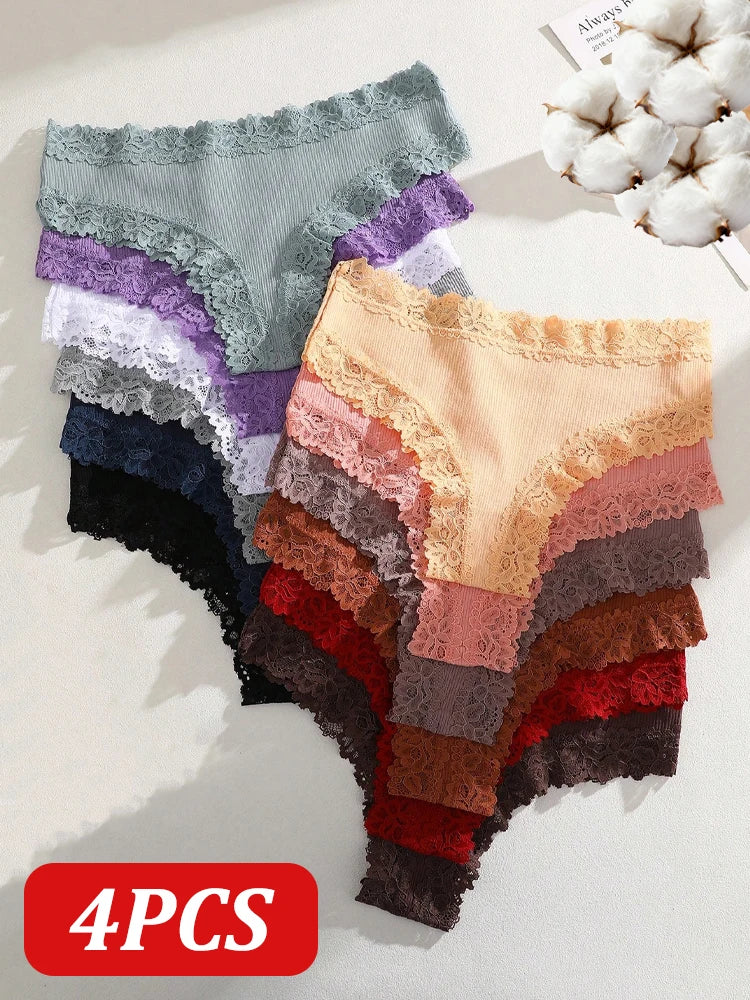 4PCS Seamless Cotton Fabric Panties For Women Sexy Lace Solid Color Brazilian Pants Female Soft Comfortable Bikini Underpants