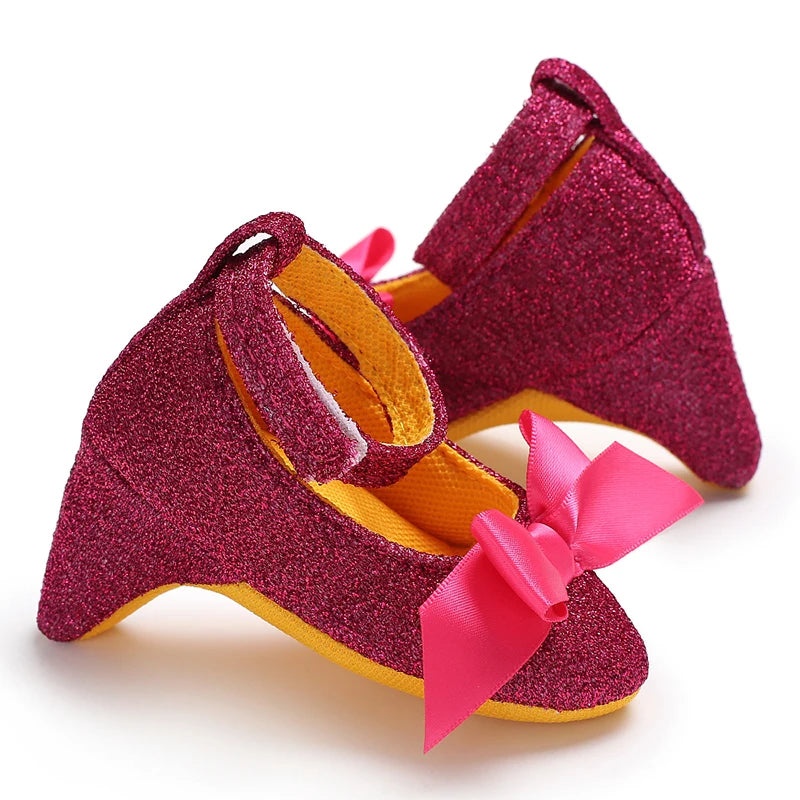 Princess Style Newborn Baby Girl Cute Shoes Solid Color Bow High Heels First Step Toddler Walk Party Dress Footwear