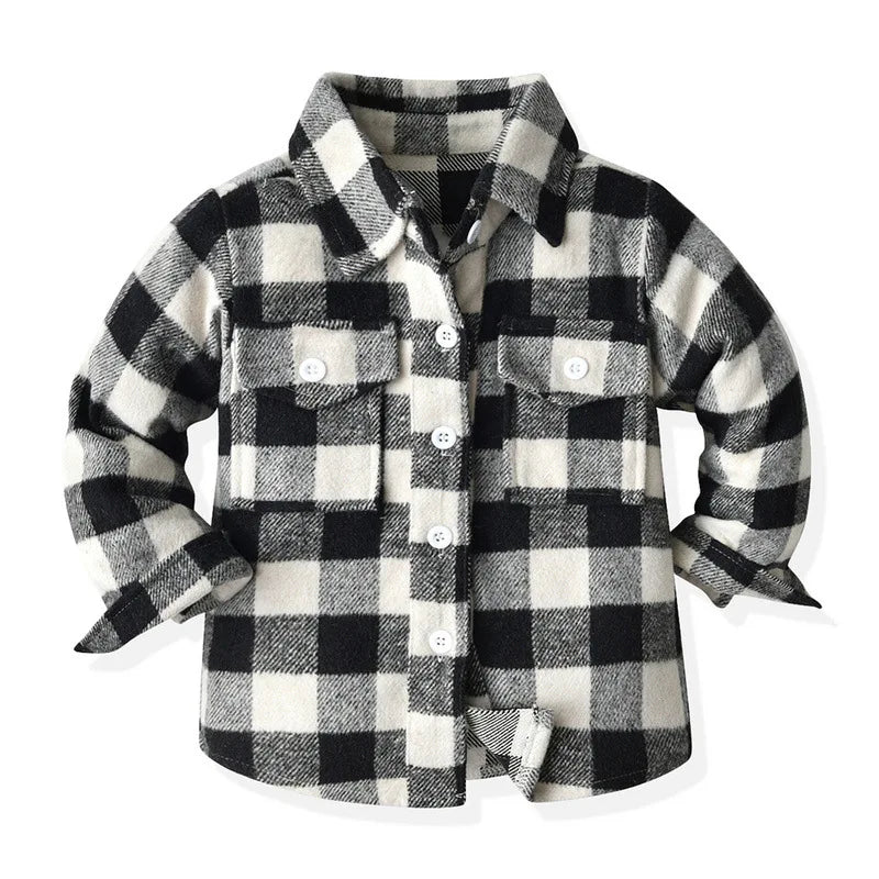 Kids' Korean Plaid Double-Breasted Cardigan Coat – Trendy Unisex Short Jacket for Boys & Girls