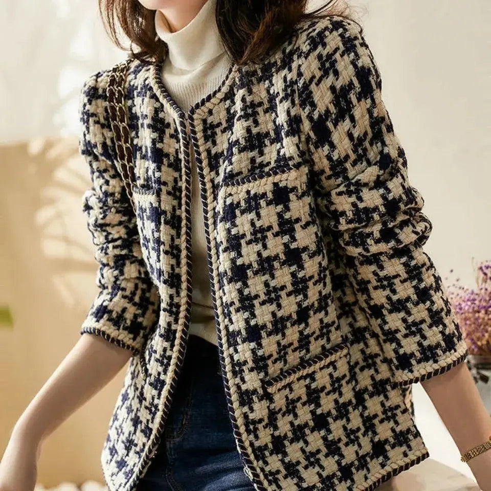 Women's Plaid Tweed Blazer – Elegant Office Jacket with Pockets