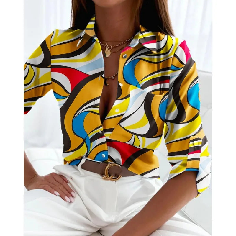 Women's Printed Button-Down Shirt – Elegant Office Casual Blouse
