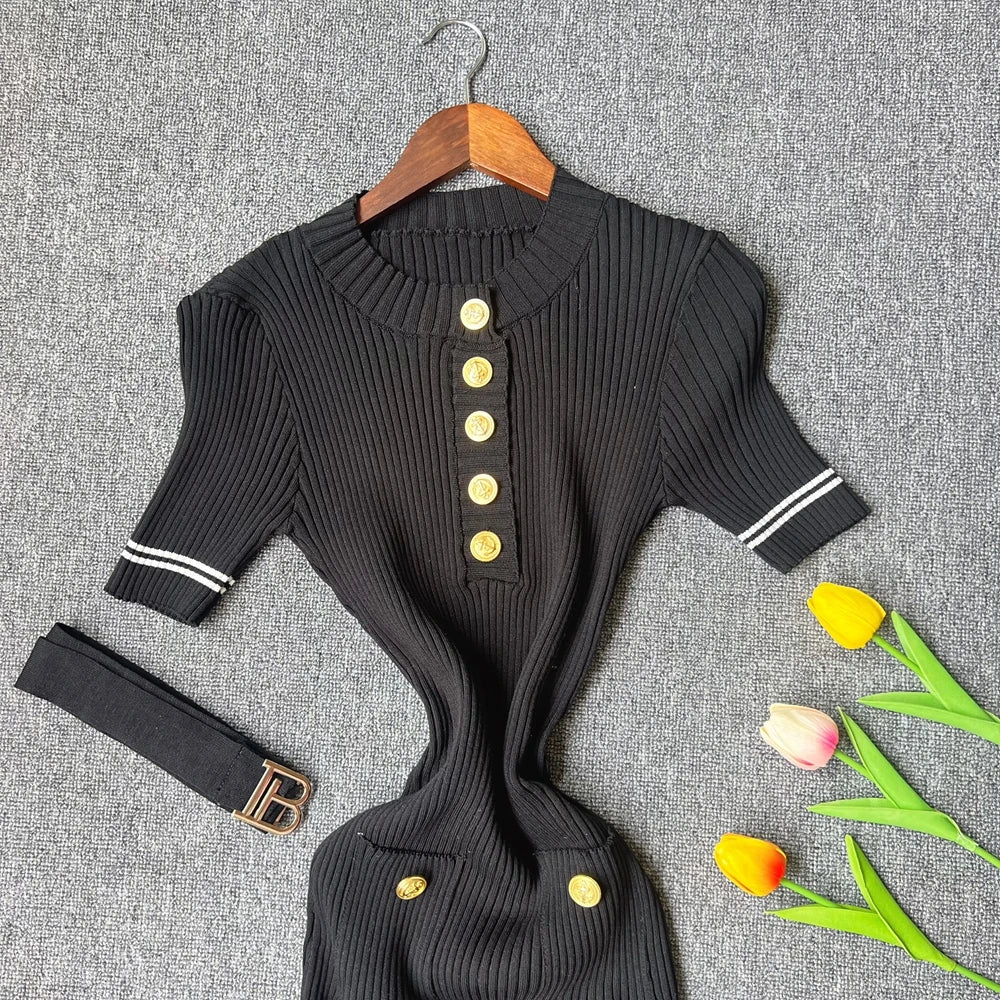 YuooMuoo 2025 Autumn Winter Women Knitted Dress Brand Fashion O-neck Buttons Bodycon Sweater Dress with Belt Lady Office Dress