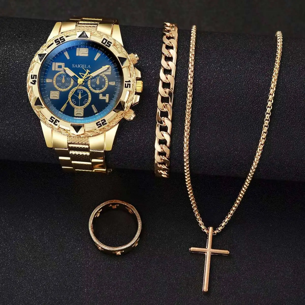 Men's 4-Piece Luxury Watch & Jewelry Set | Quartz Watch, Bracelet, Necklace & Ring