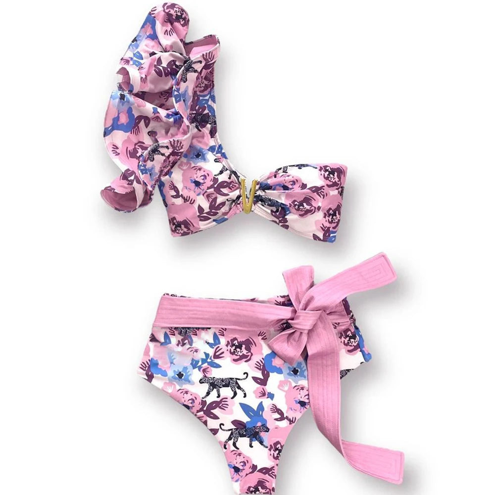 2025 New Sexy High Waist Bikini Sets Ruffle Swimwear Women Swimsuit Print Floral Dots V-neck Beach Wear Bathing Suits Biquini