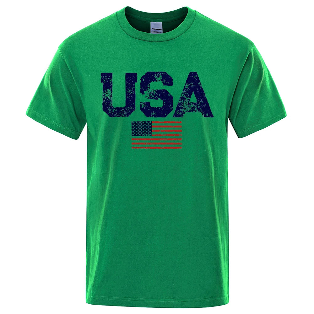 Men's Vintage USA Flag Street Print T-Shirt — Casual Cotton Tee