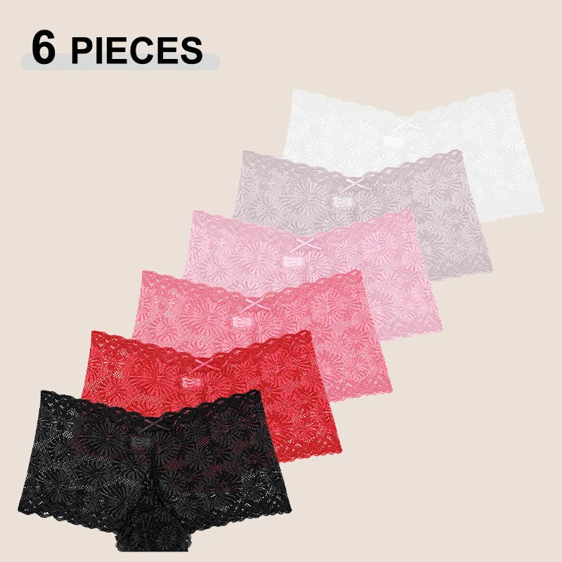 Women's Lace Boyshort Panties 6-Pack | Seamless High-Rise Floral Lingerie | S–2XL