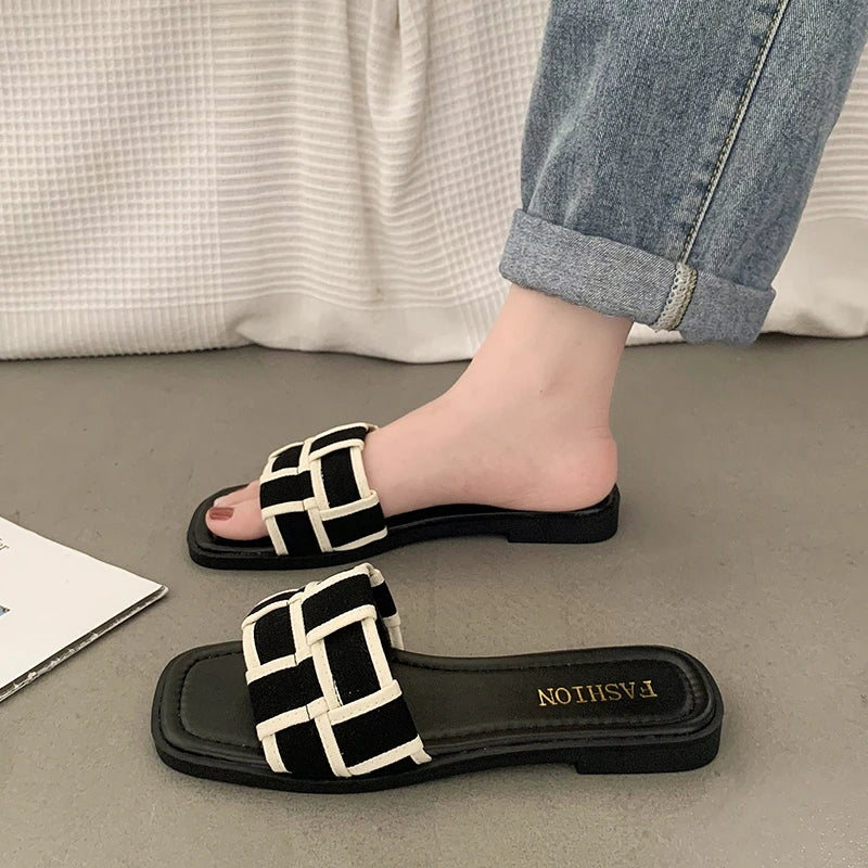 Women's Braided Roman Flat Slippers | Open-Toe Beach Sandals | Beige & Black | EU 35–40