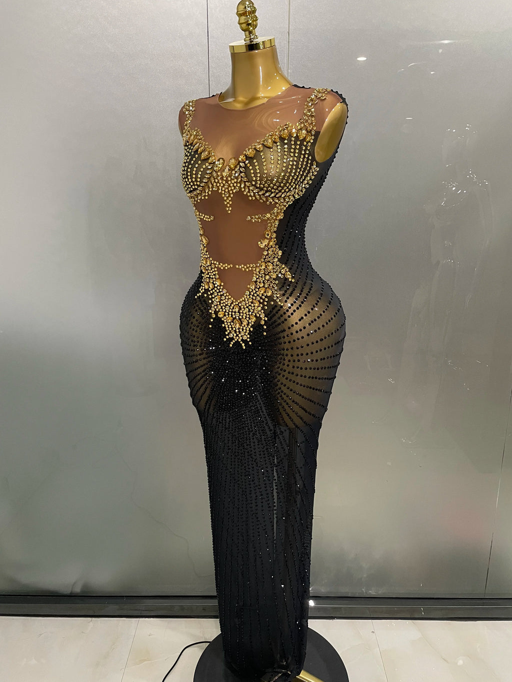 Women's Sparkly Rhinestone Sleeveless Maxi Dress – Glam Evening Gown for Birthday & Stage