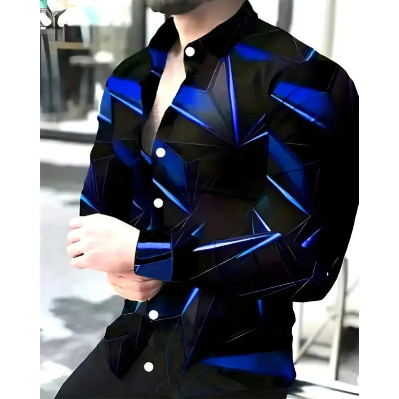 Simple Geometry Pattern Hawaiian Shirts For Men Colorful 3D Printed Aloha Shirts Casual Loose Long Sleeve Lapel Tops Blouses