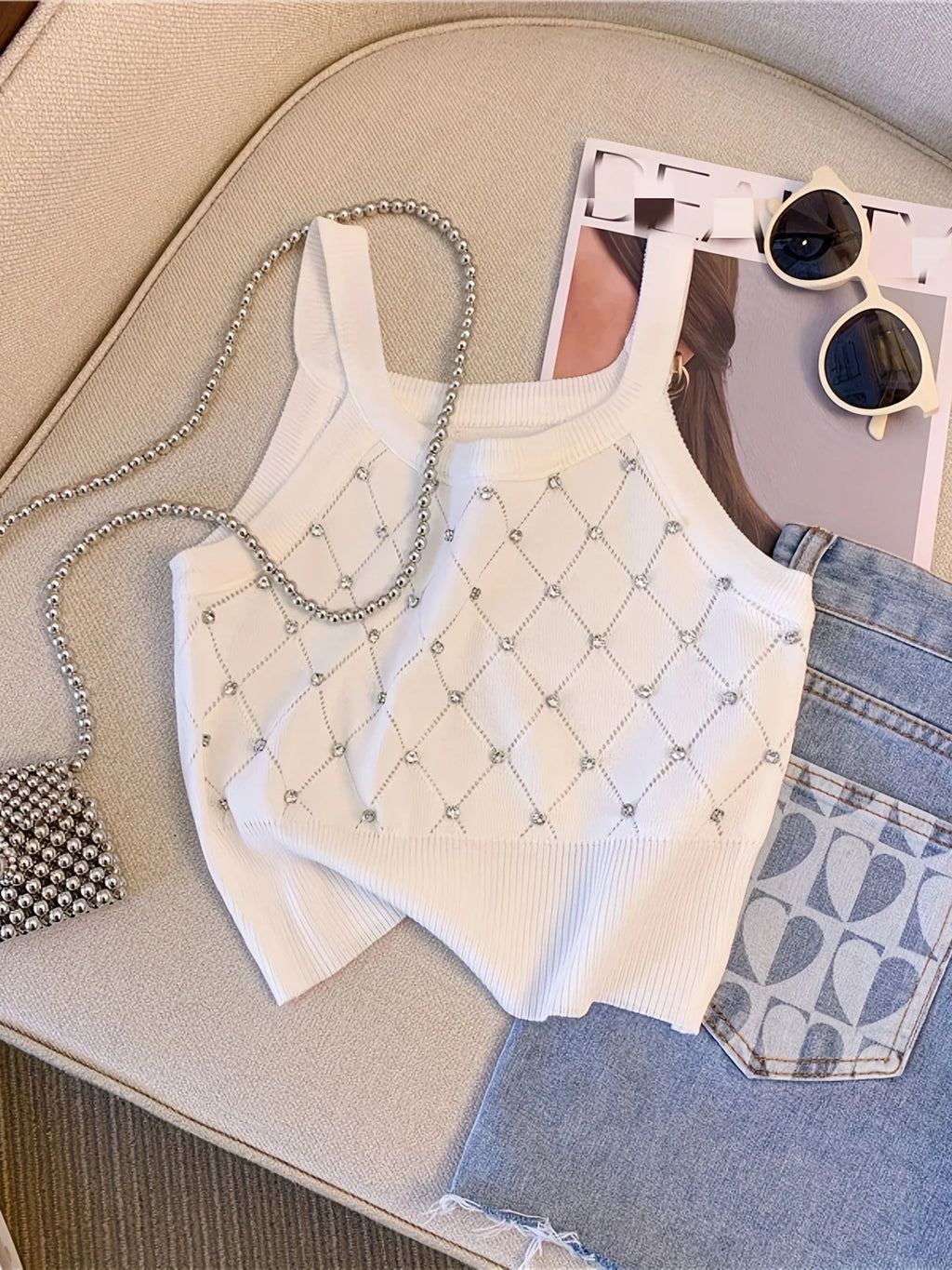 Women's Rhinestone Knit Crop Cami Top — Sleeveless Spaghetti Strap