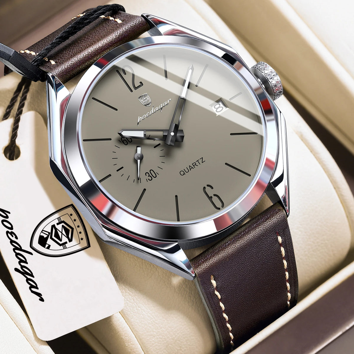 POEDAGAR Men's Leather Quartz Watch