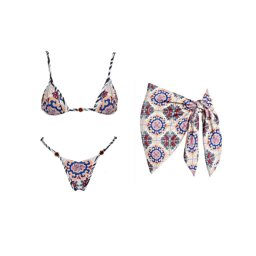 2026 New High Quality Elegant One Piece Swimsuit And Skirt Print Deep-V Lace-up Women Bikini Set Swimwear Party Bathing Suit