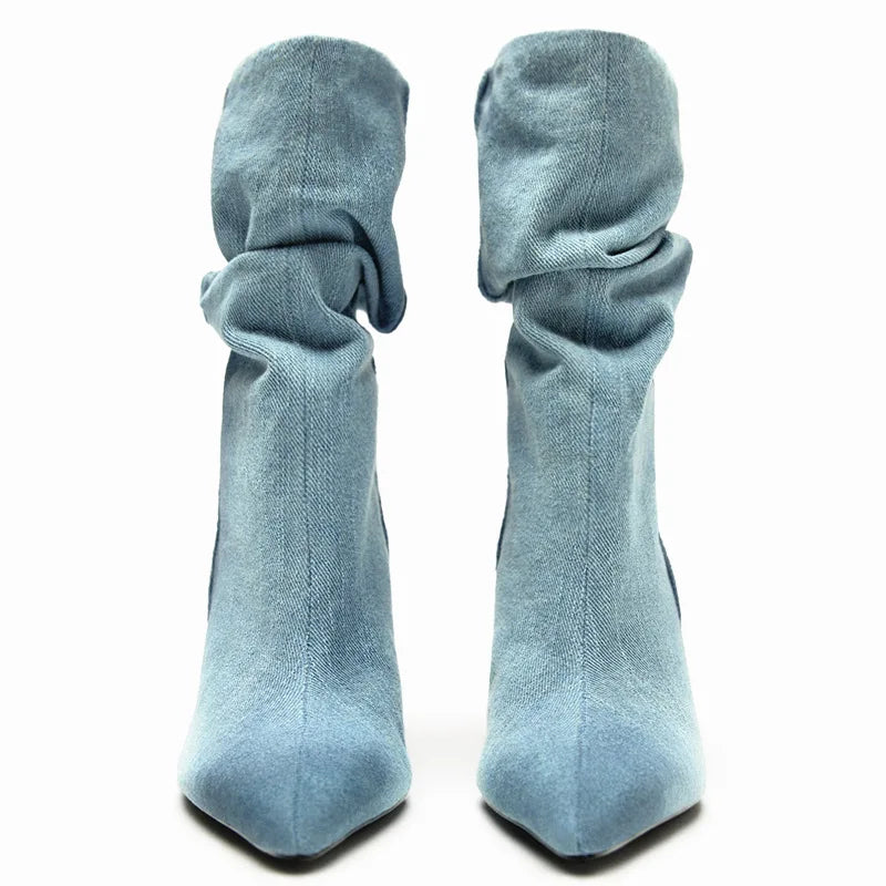 Women's Denim Knee-High Boots — Pointed Toe Stiletto
