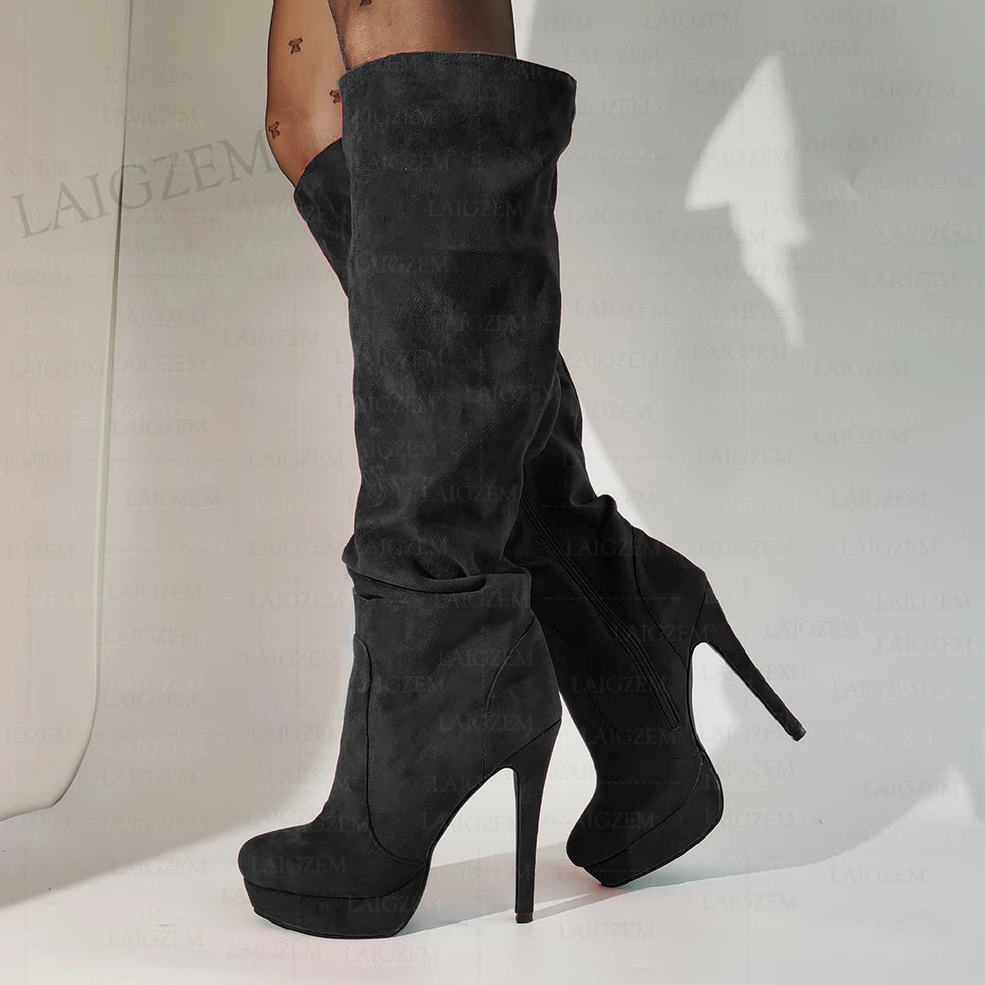 LAIGZEM Women Over Knee High Boots Faux Suede Zip Pleated Thin High Heels Boots Handmade Ladies Shoes Woman Big Size 41 43 45 52
