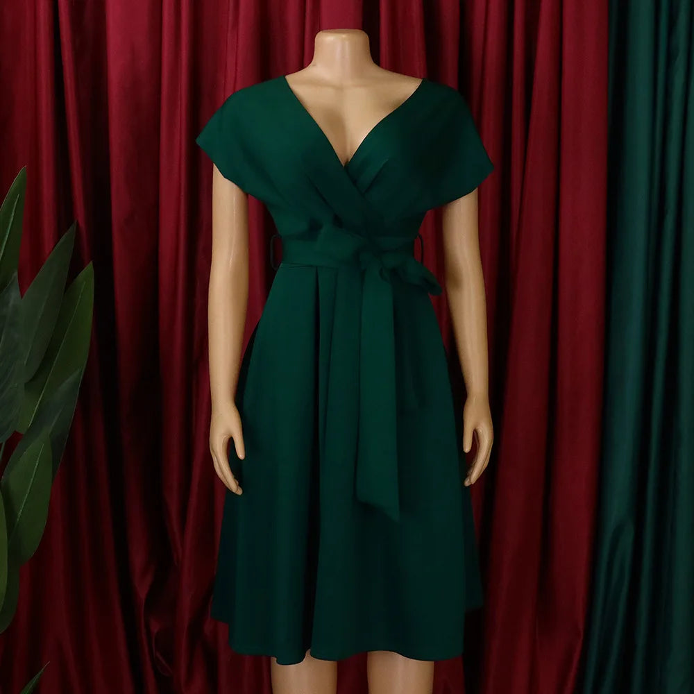 Women's Big Bow Puff Sleeve A-Line Midi Dress – V-Neck Summer Party Dress