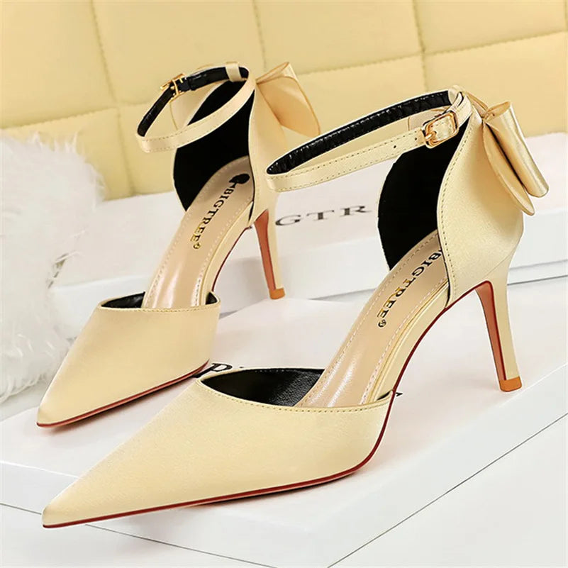 Women's High Heel Bow Sandals – Satin Ankle Strap Stiletto Heels 8cm & 10cm