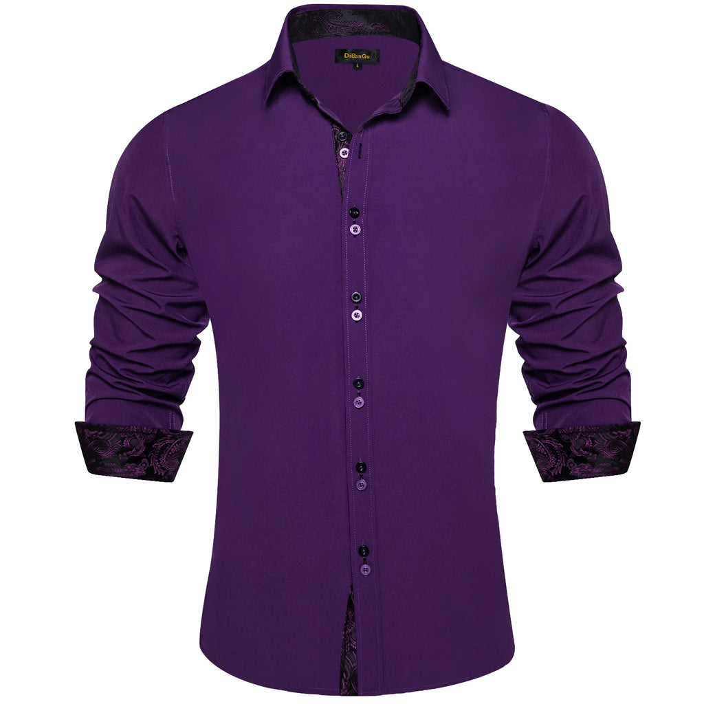 Men's Polyester Cotton Solid Black Shirts Long Sleeve Blue Paisley Patchwork Social Casual Dress Shirt Elegant Men Clothing