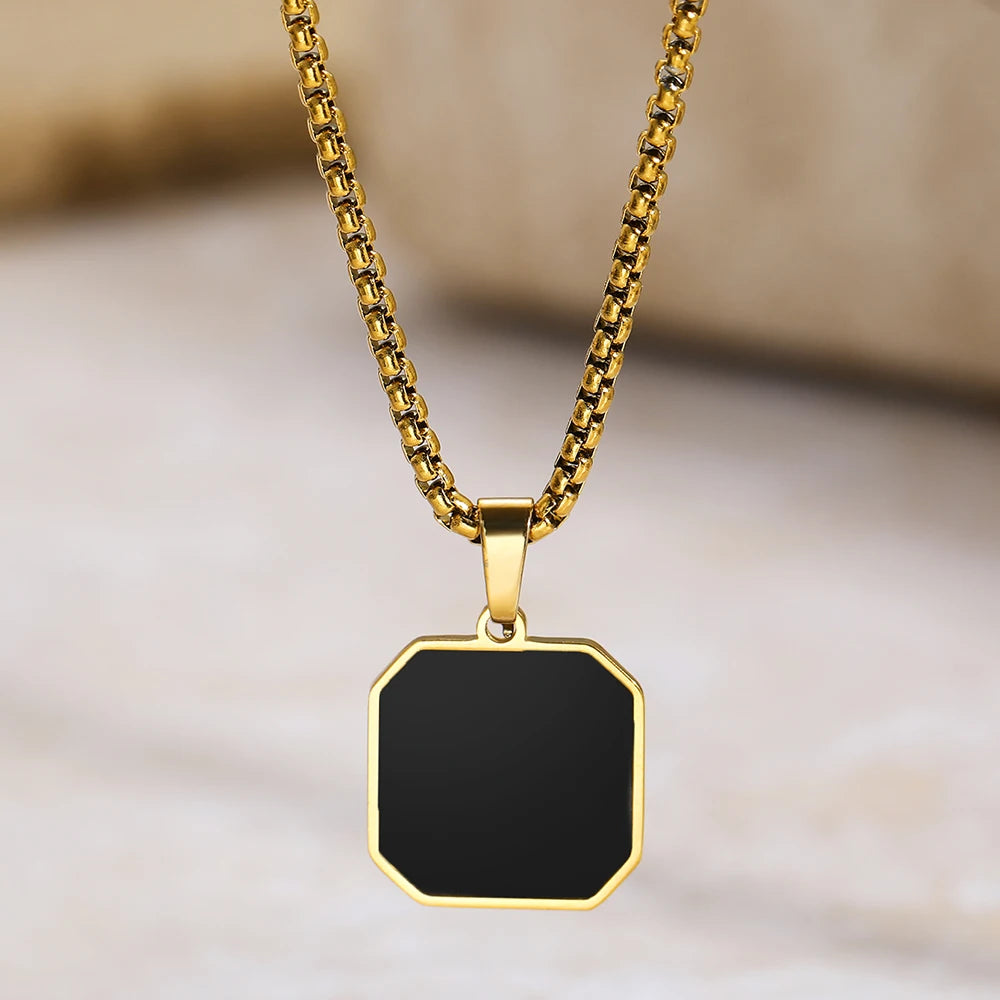 Geometric Square Pendant Necklace – Stainless Steel Sweater Chain