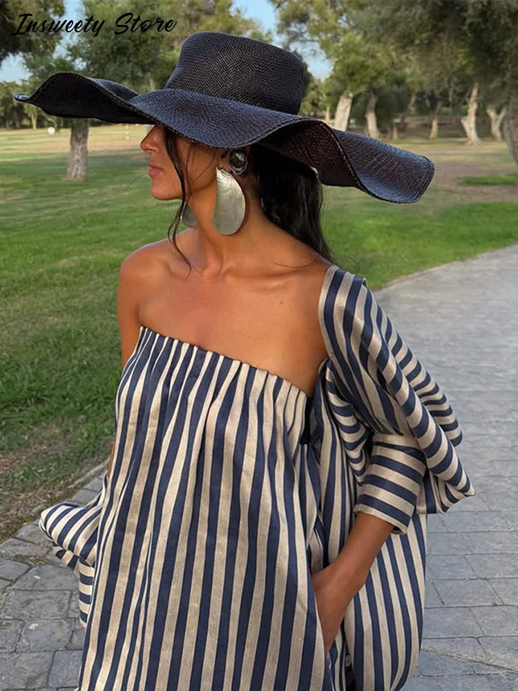 Women's Striped Strapless Maxi Dress with Detachable Capelet Shawl