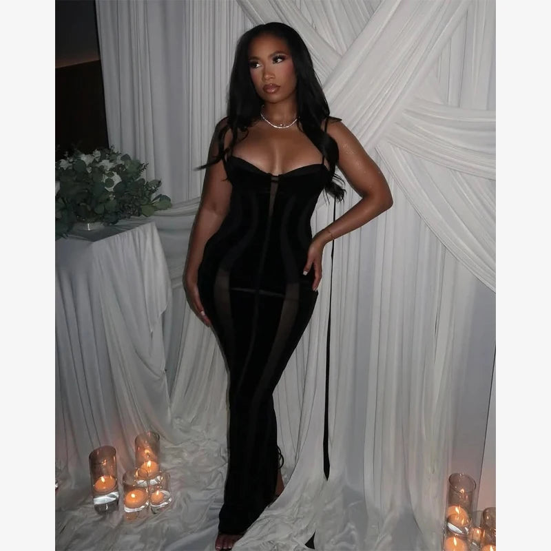 Strapless Velvet Mesh Maxi Dress