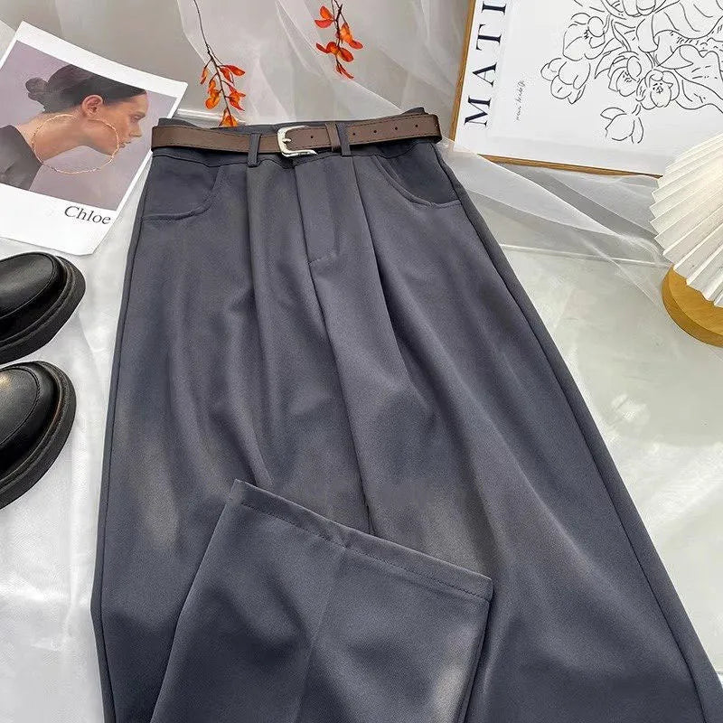Women's High Waist Belt Wide-Leg Trousers – Solid Color Baggy Office Pants