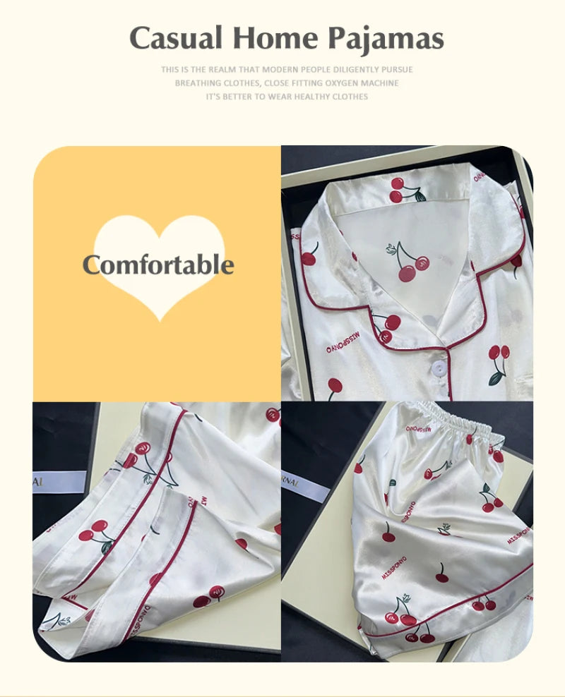 Cherry Print Satin Pajama Set for Women – Short Sleeve Top & Shorts