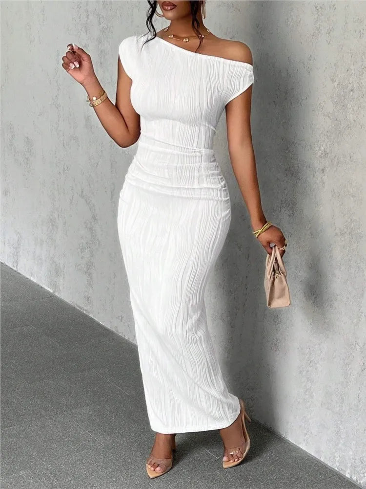 Fashion Water Ripple Slanted Shoulder Dress Women's Elegant And Simple Solid Color A-line Collar Mid-waist Sexy Hip Wrap Skirt