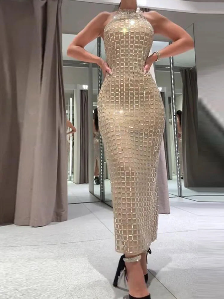 Halter Sequined Midi Dress Women Sexy Turtleneck Sleeveless Backless Waist Cinching Party Evening Dresses Chic Office Lady Robes