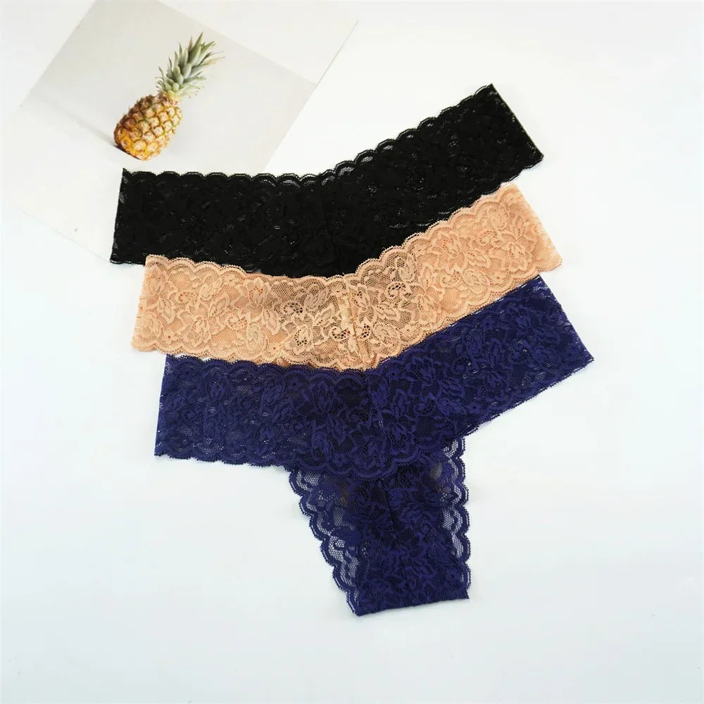 Women's Lace Thong Panties – 3-Pack Low-Rise Transparent Sexy Lingerie Set