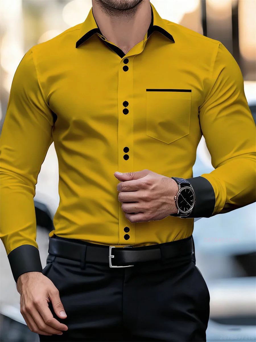 Men's Business Color Block Collar Long Sleeve Shirt, Slim Fit, Wrinkle-Free, Black and White Patchwork Shirt, Men's Fashion Top
