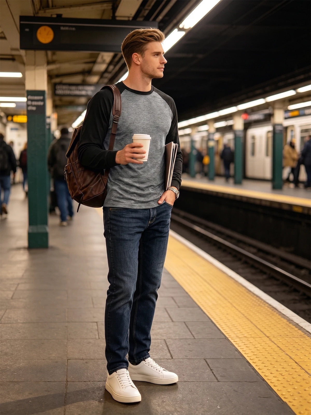 Men's Color-Block Raglan Long-Sleeve Tee