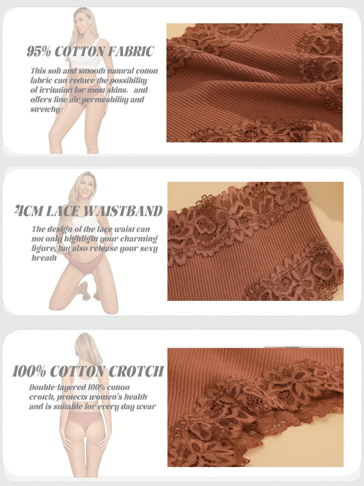 4PCS Seamless Cotton Fabric Panties For Women Sexy Lace Solid Color Brazilian Pants Female Soft Comfortable Bikini Underpants
