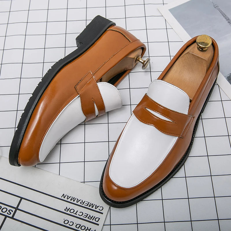 Fashion New Pointed Two-tone Mixed Patchwork Slip on For Men Wedding Homecoming Dress Shoes Flats Casual Loafer  Zapatos Hombre
