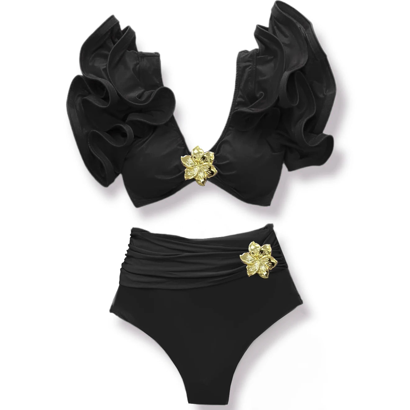 2025 New Sexy High Waist Bikini Sets Ruffle Swimwear Women Swimsuit Print Floral Dots V-neck Beach Wear Bathing Suits Biquini