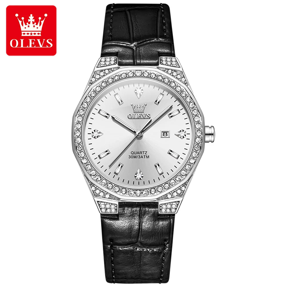 OLEVS 5606 Women's Luxury Diamond Quartz Watch – Leather Strap