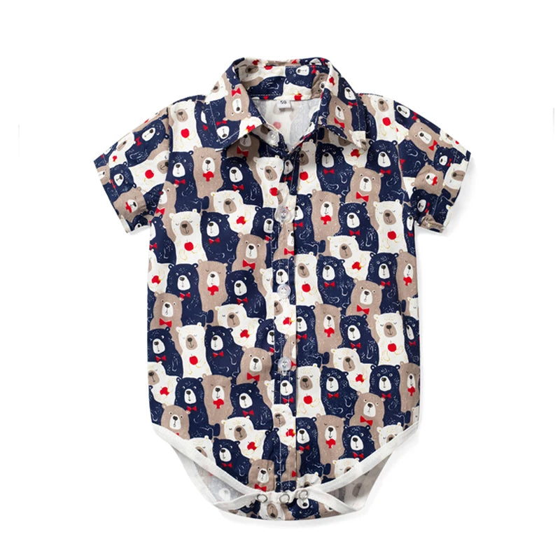 Newborn Boys Bodysuit with Bow Tie Cotton Baby Romper Soft Cartoon Animal Print Formal Short Sleeve Children Top Costume