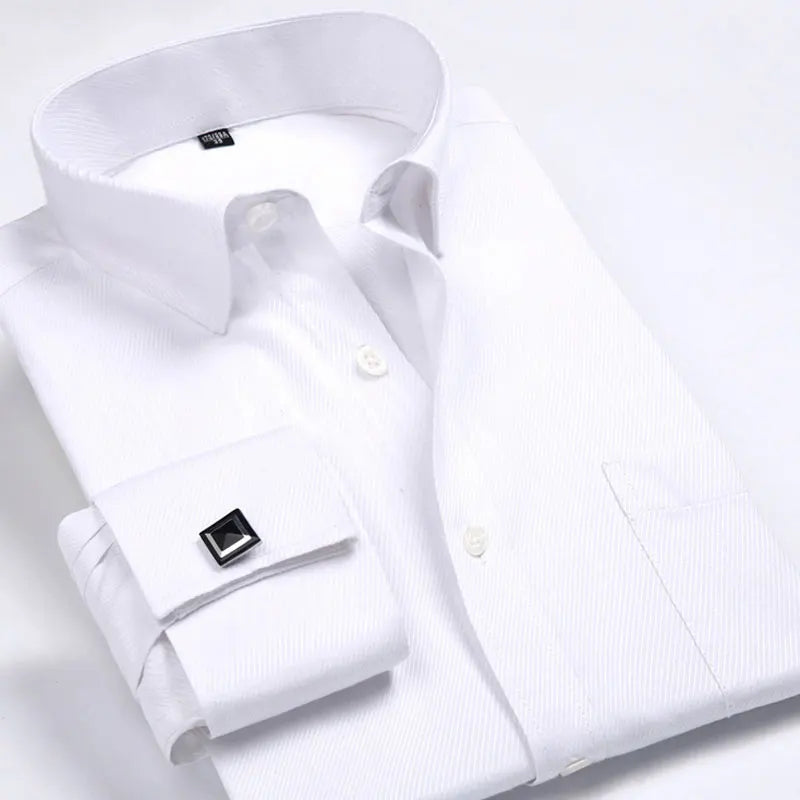 New M~6XL Cotton Men's French Cuffs Business Long Sleeve Shirt Stripes Comfortable Standard Elegant Formal Shirts Cufflink Top