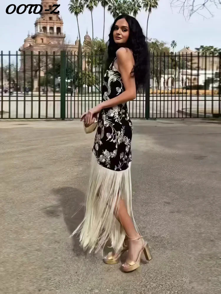 Vintage Print Tassel Asymmetrical Long Dress Women Halter Sleeveless Backless Female Party Dresses Spring Summer Lady Chic Robe