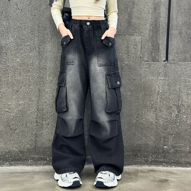 Kids Vintage Distressed Jeans with Pocket For Girls Y2K Fashion High Street Denim Pants Teens Child Baggy Cargo Jeans Trousers