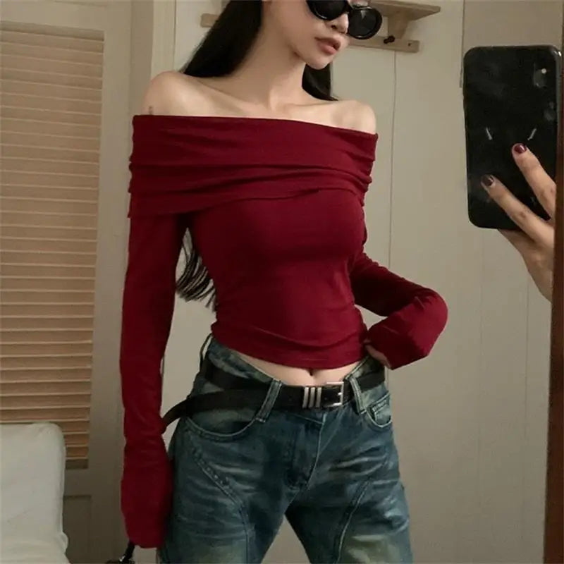 Women's Off-Shoulder Long Sleeve Crop Top — Slim Fit Knit Tee