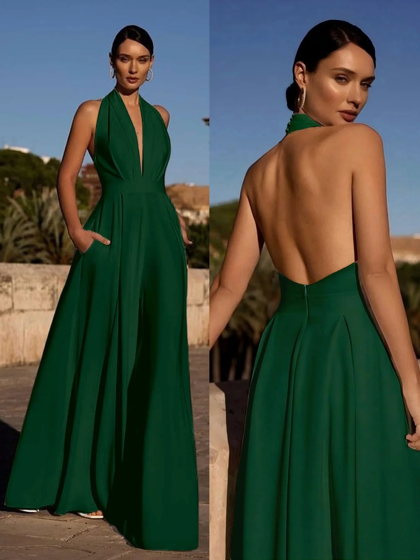 Temperament Elegant Halter Neck Jumpsuits Women Sexy Deep V-neck Backless High Waist Wide Leg Jumpsuit Solid Color Female New