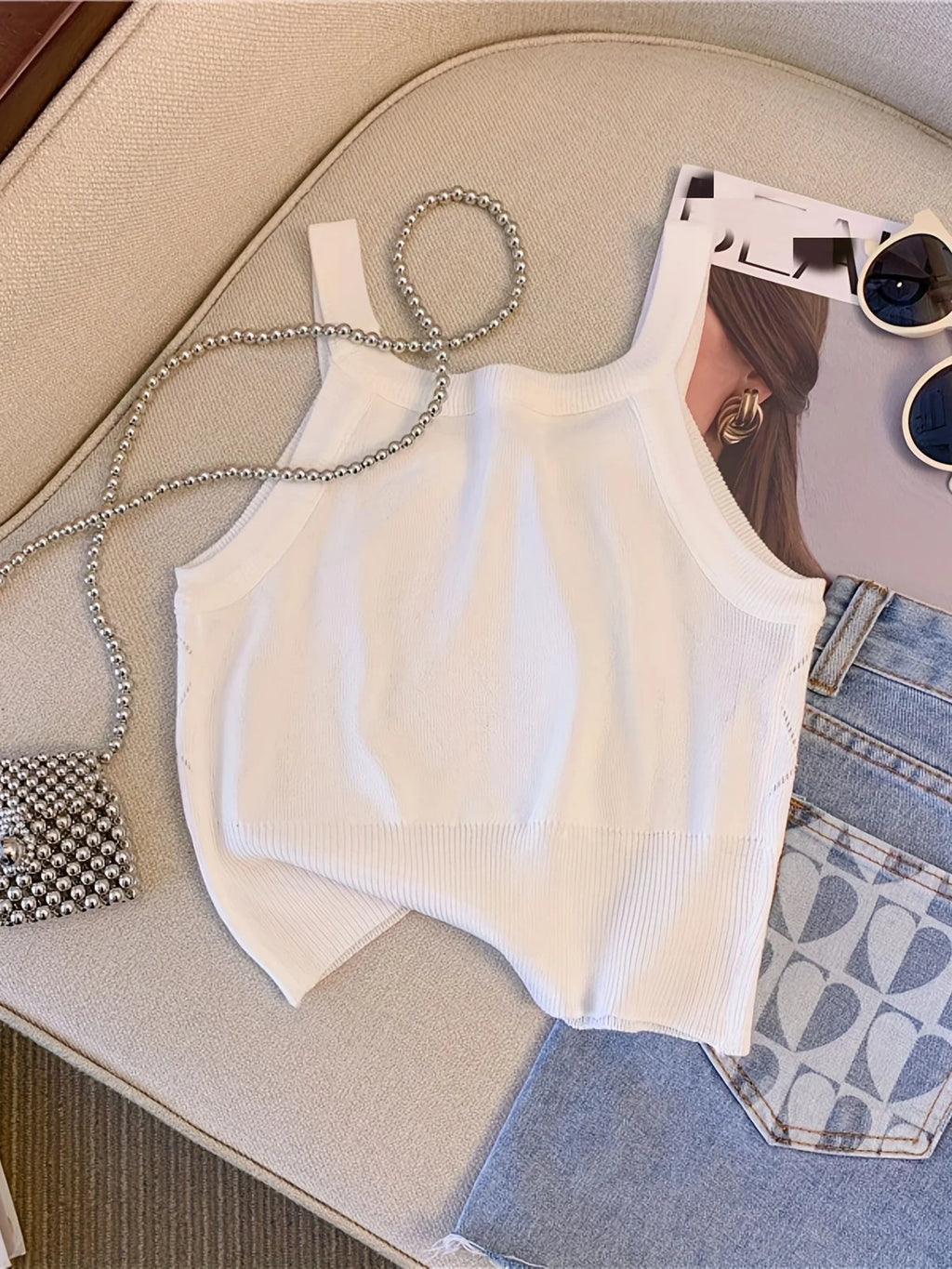 Women's Rhinestone Knit Crop Cami Top — Sleeveless Spaghetti Strap