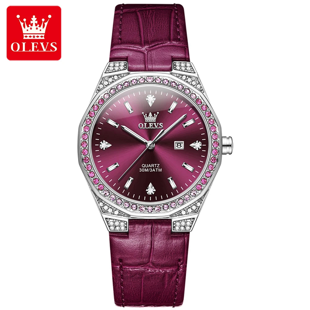 OLEVS 5606 Women's Luxury Diamond Quartz Watch – Leather Strap