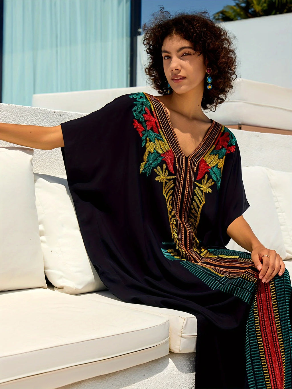 Embroidered Women Loose Black Kaftan Summer Beach Dress Bohemian Holiday Swimsuit Coverup Cozy Robe Outfit dropshipping