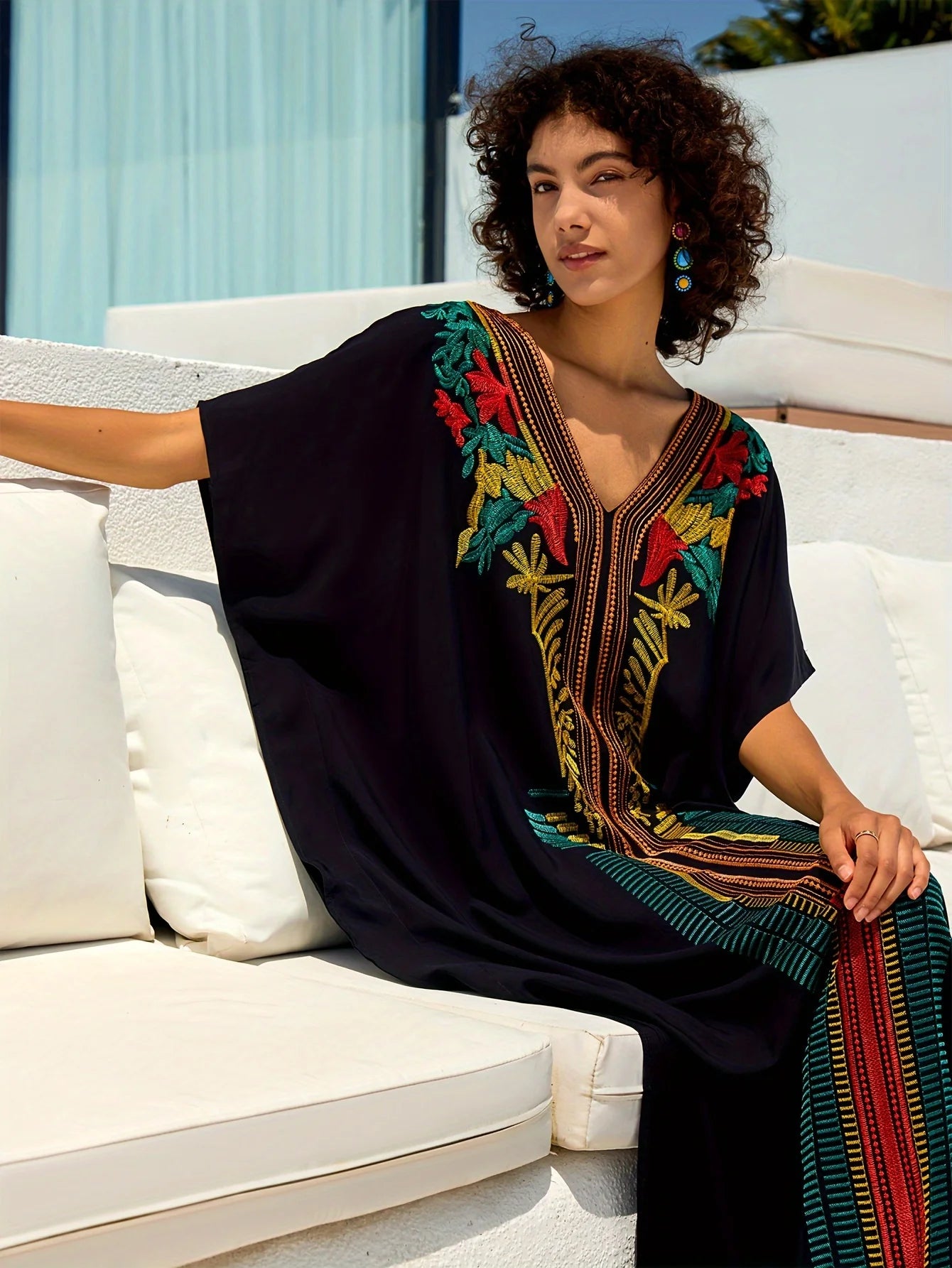 Embroidered Women Loose Black Kaftan Summer Beach Dress Bohemian Holiday Swimsuit Coverup Cozy Robe Outfit dropshipping