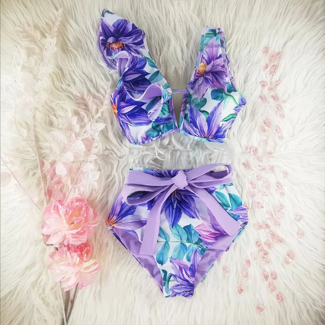 2025 New Sexy High Waist Bikini Sets Ruffle Swimwear Women Swimsuit Print Floral Dots V-neck Beach Wear Bathing Suits Biquini