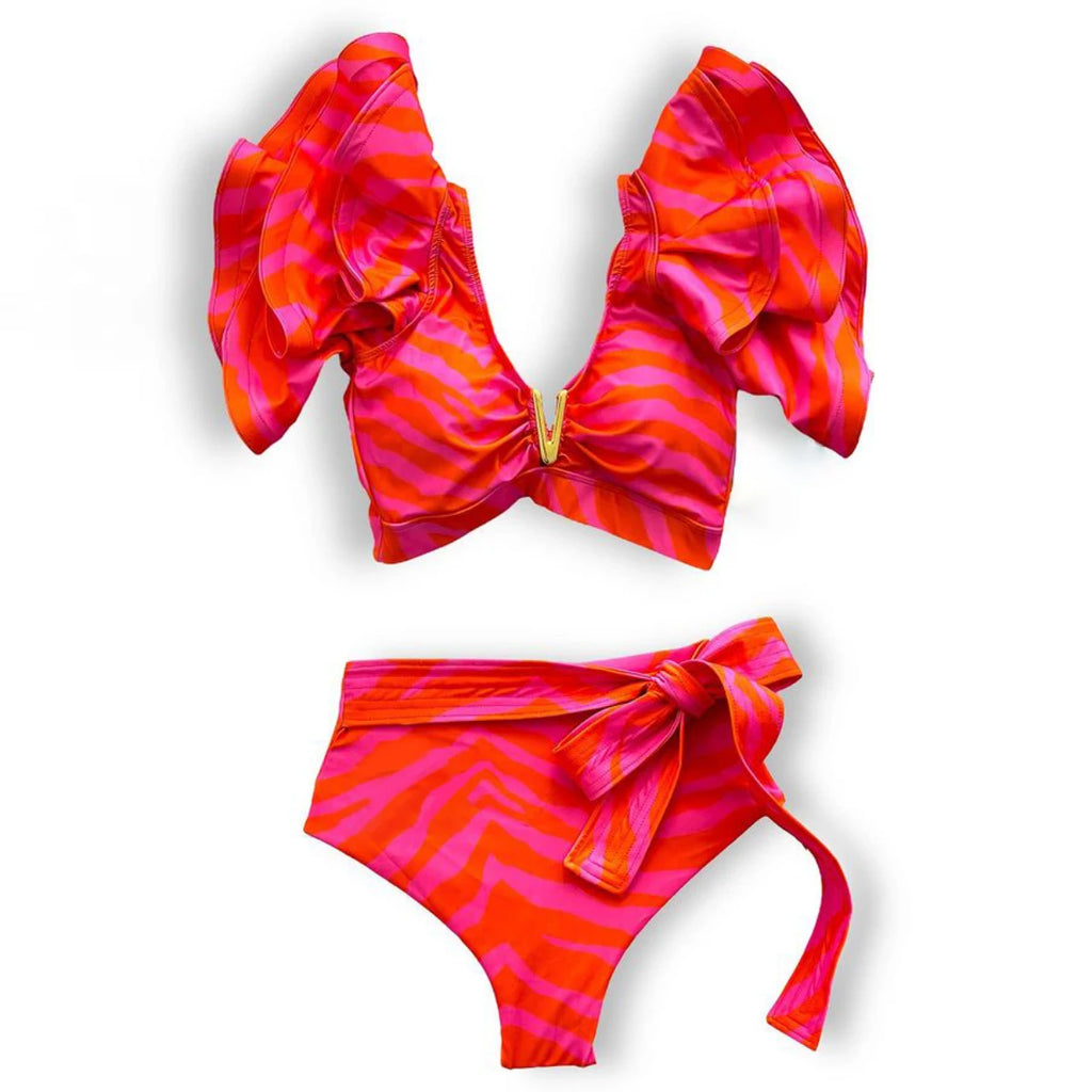 2025 New Sexy High Waist Bikini Sets Ruffle Swimwear Women Swimsuit Print Floral Dots V-neck Beach Wear Bathing Suits Biquini