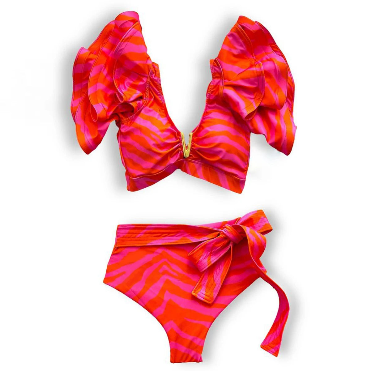 2025 New Sexy High Waist Bikini Sets Ruffle Swimwear Women Swimsuit Print Floral Dots V-neck Beach Wear Bathing Suits Biquini