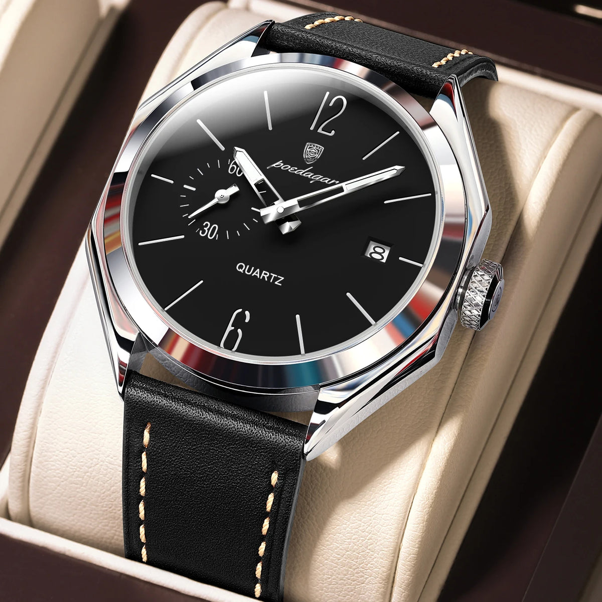 POEDAGAR Men's Leather Quartz Watch